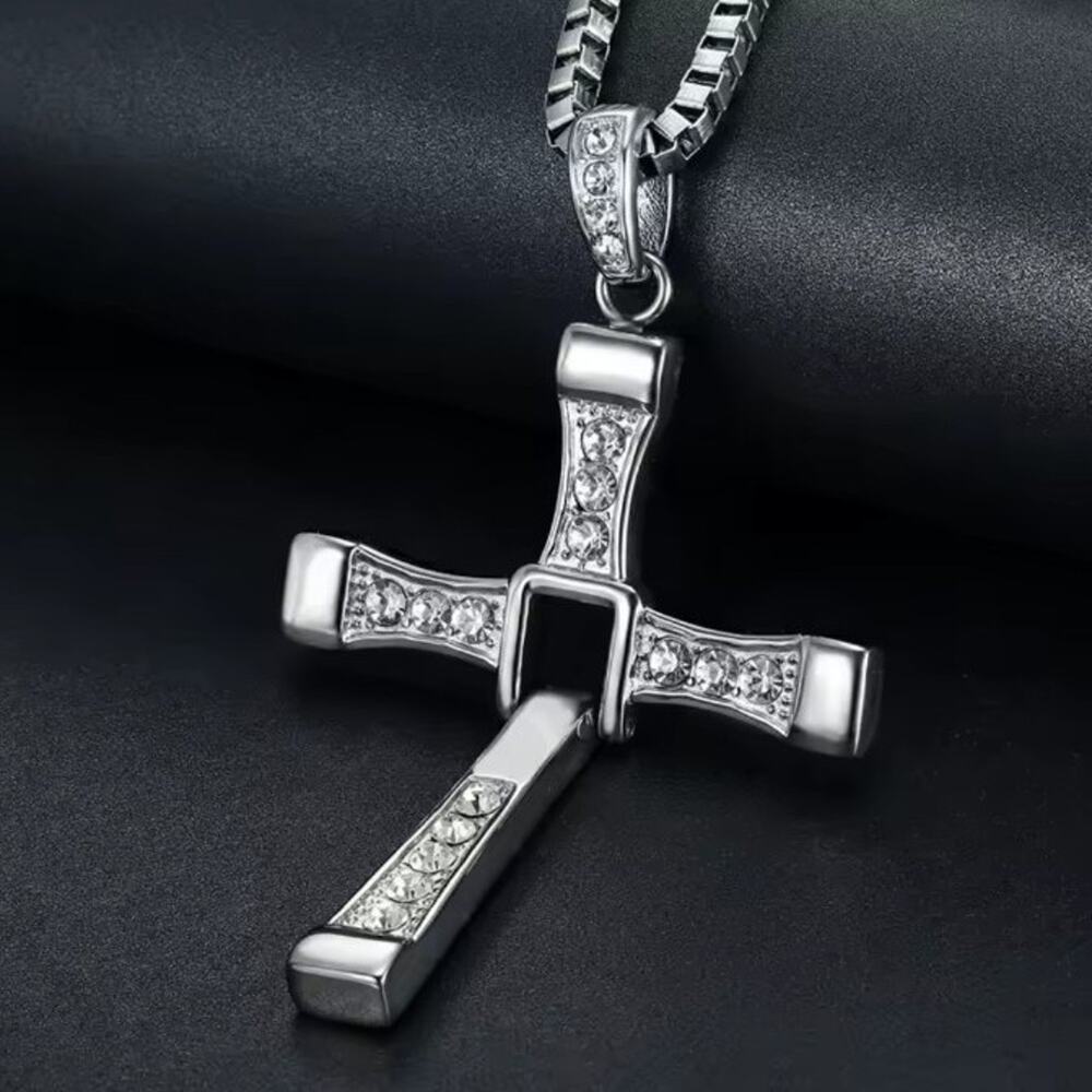 Silver Cross Necklace Fast & Furious CZ Diamonds Christian Vin Diesel Faith Gift